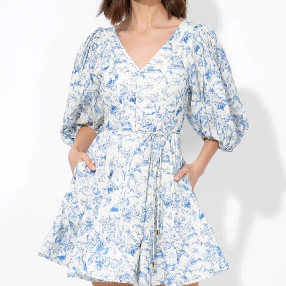 Adelyn Rae Toile Dress with Blue and White Floral Design NWT